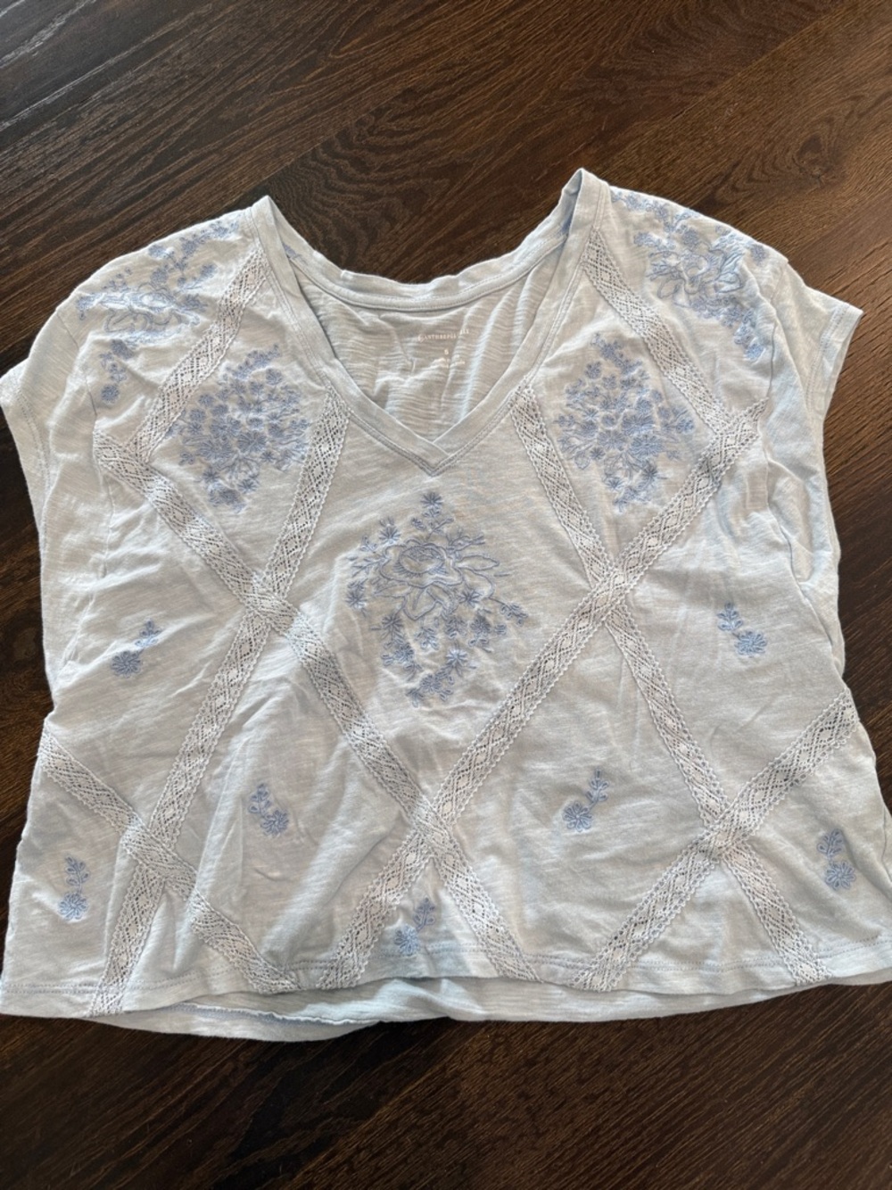 Anthropologie Pale Blue Embroidered V-Neck Short Sleeve Top